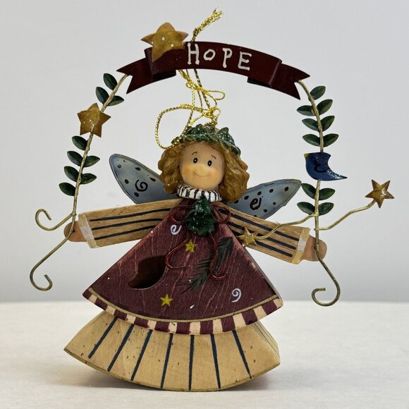 Unbranded Other - Hand-Painted Wooden Angel Ornament With "Hope" Banner Metal Wings Leaf Accents
